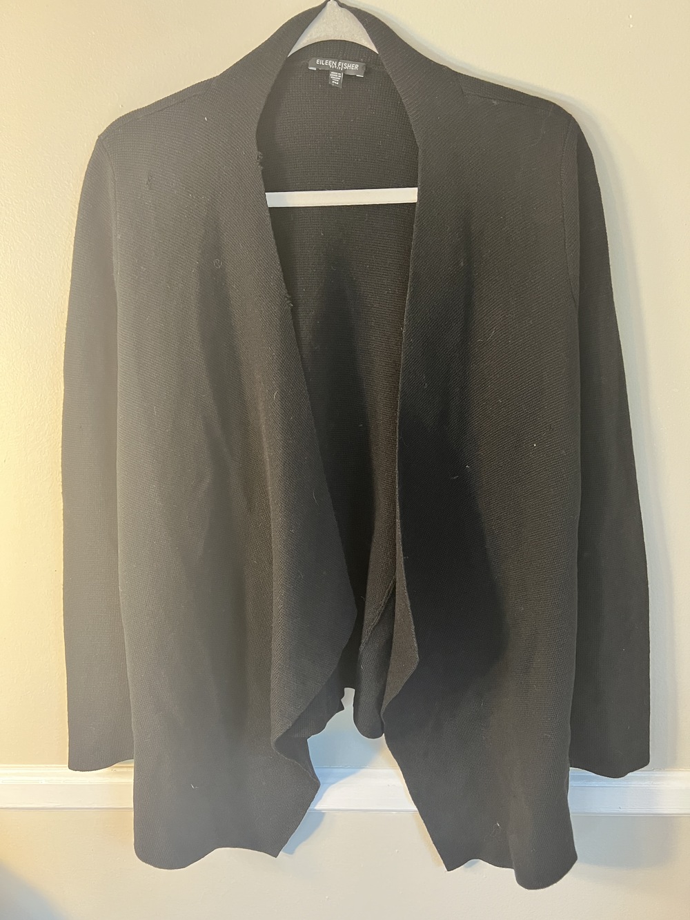 Eileen Fisher Black Open Front Cardigan Women's Size PM 100% Merino Wool Leather